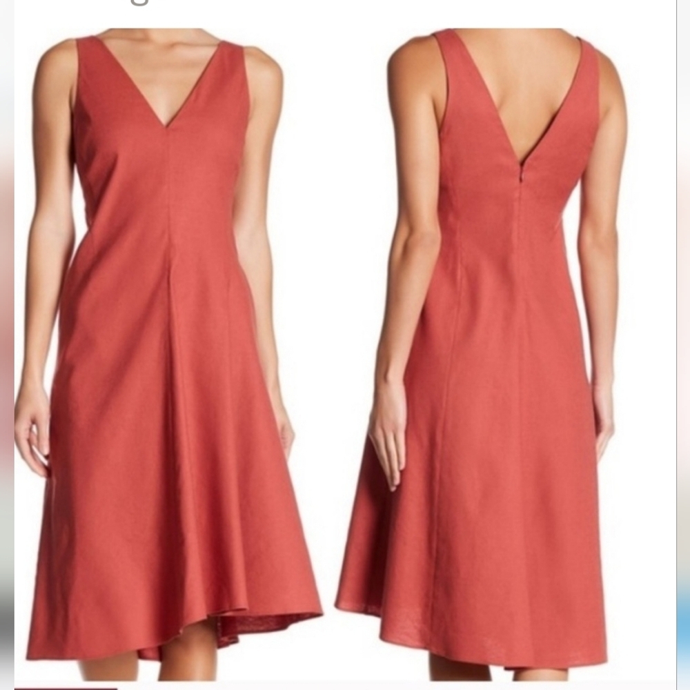 Make offer! Theory Asymmetrical stretch Linen Dress in Rust Red 6